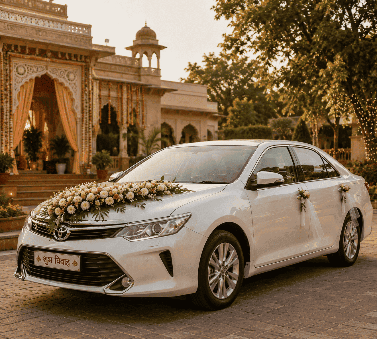 Wedding car decorated with flowers outside venue
