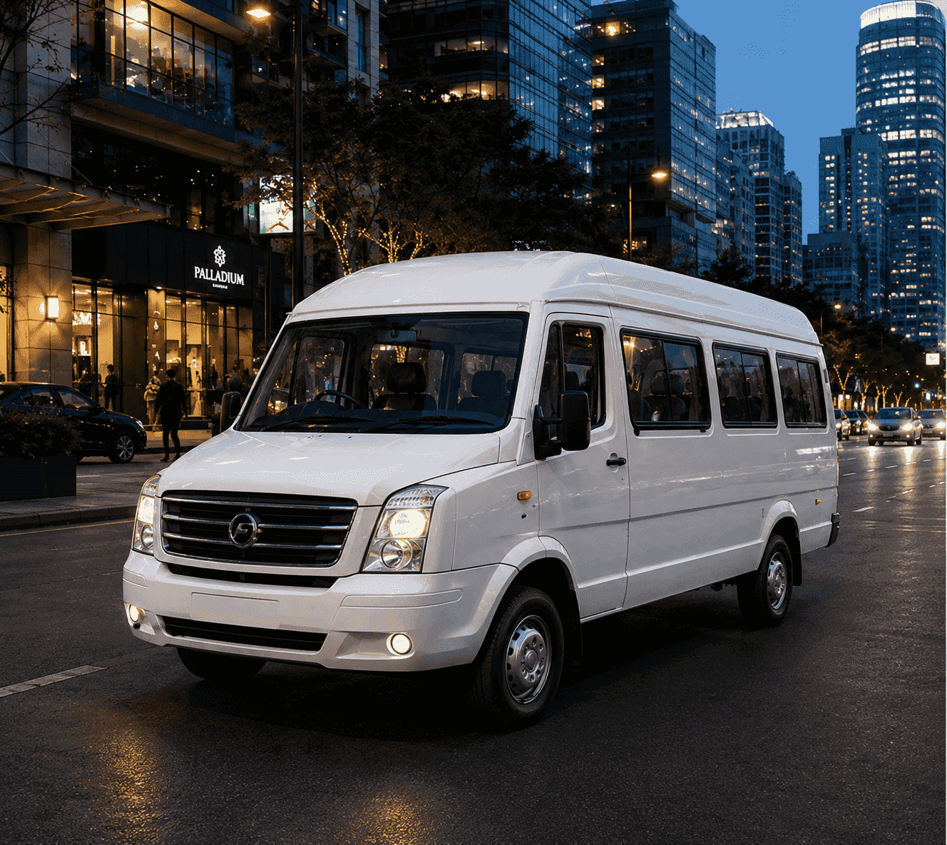 Tempo traveller van on a city street at night